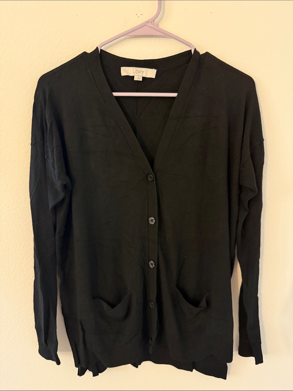 LOFT Black Lightweight V-Neck Button Cardigan with Pockets